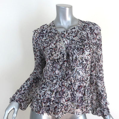 IRO Blouse Voodoo White/Multi Printed Ruffled Chiffon Size 34 Long Sleeve Top available at CelebrityOwned.com img_1