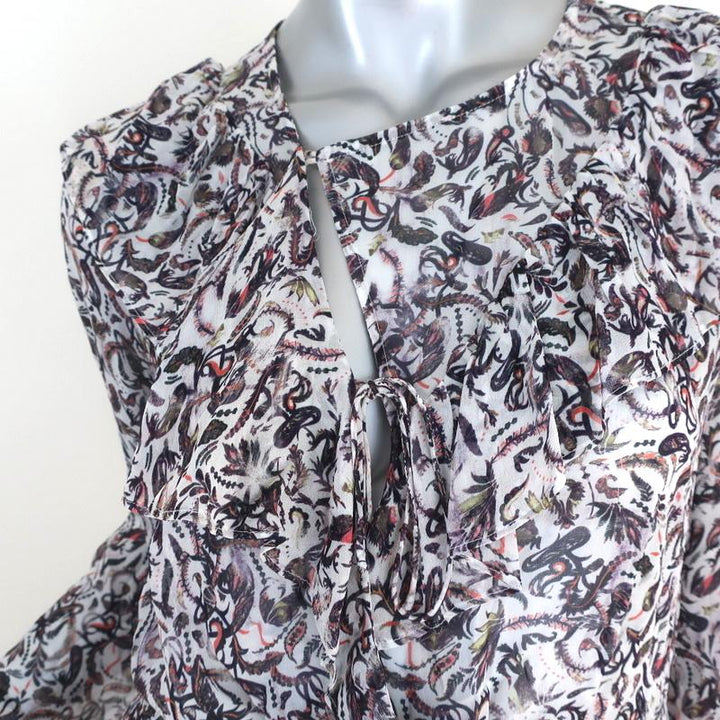 IRO Blouse Voodoo White/Multi Printed Ruffled Chiffon Size 34 Long Sleeve Top available at CelebrityOwned.com img_2
