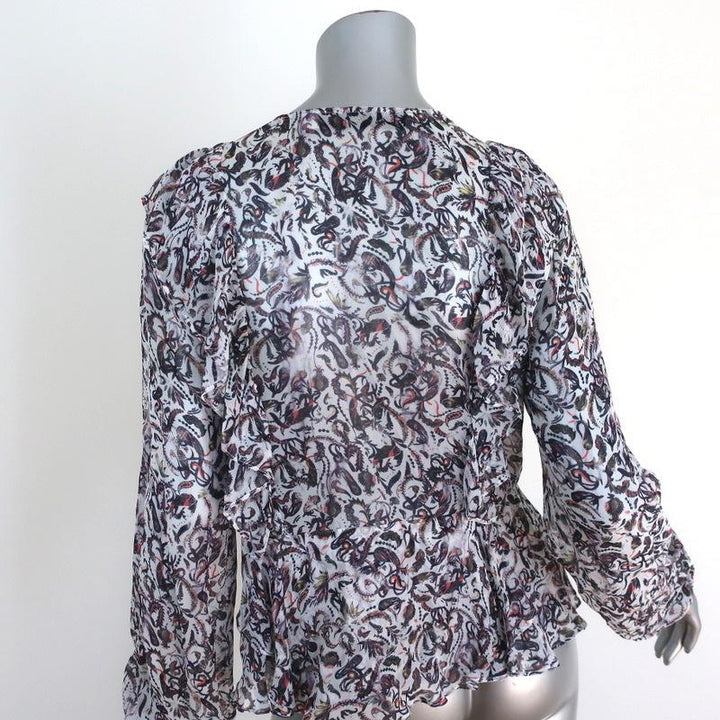 IRO Blouse Voodoo White/Multi Printed Ruffled Chiffon Size 34 Long Sleeve Top available at CelebrityOwned.com img_5