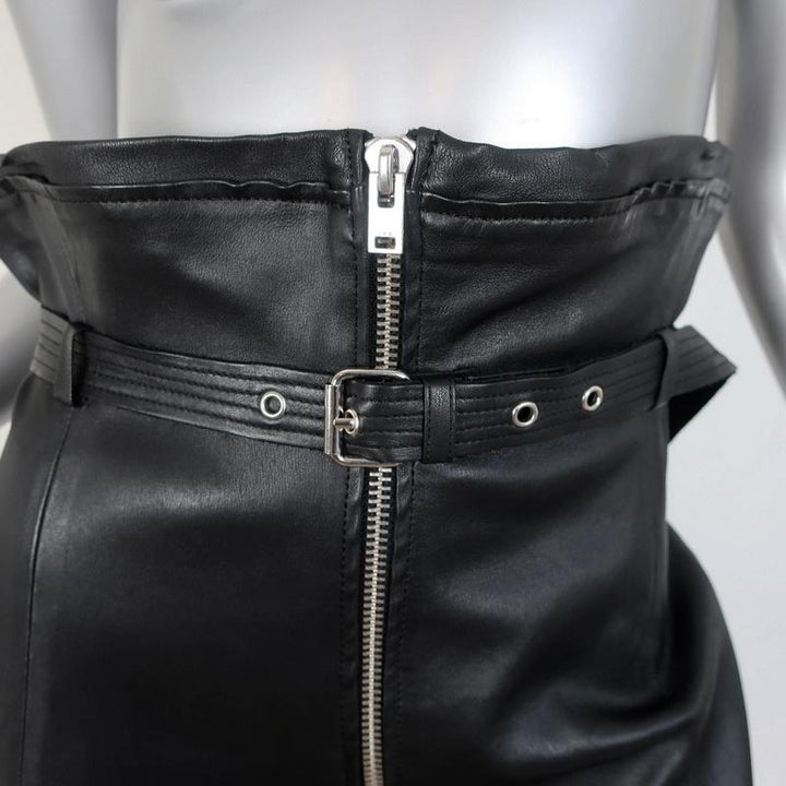 IRO Hexim Leather Mini Skirt Black Size 38 High Waisted Belted Zip-Front available at CelebrityOwned.com img_2