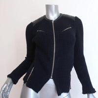 IRO Jacket Ceylona Black Leather-Trim Navy Waffle Knit Size 34 available at CelebrityOwned.com img_1