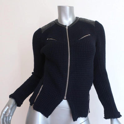 IRO Jacket Ceylona Black Leather-Trim Navy Waffle Knit Size 34 available at CelebrityOwned.com img_1