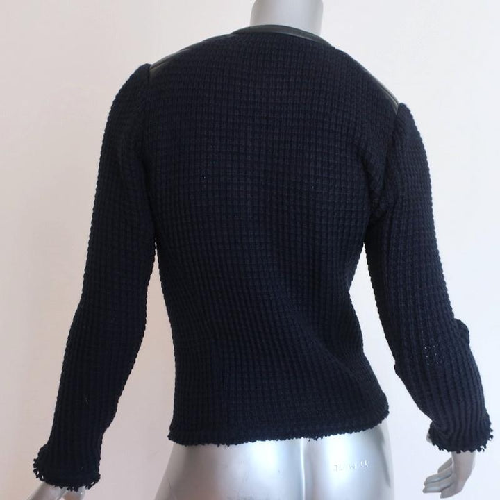 IRO Jacket Ceylona Black Leather-Trim Navy Waffle Knit Size 34 available at CelebrityOwned.com img_6