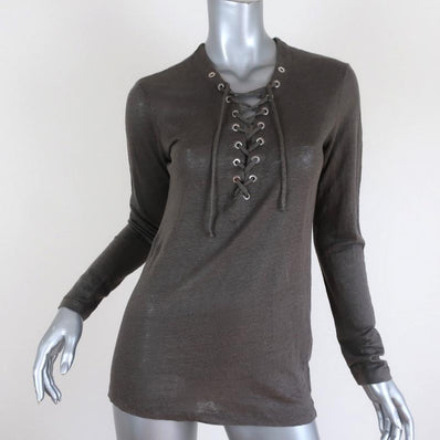 IRO Lace-Up Top Tissaspe Gray Linen Size Extra Small Long Sleeve Tee available at CelebrityOwned.com img_1