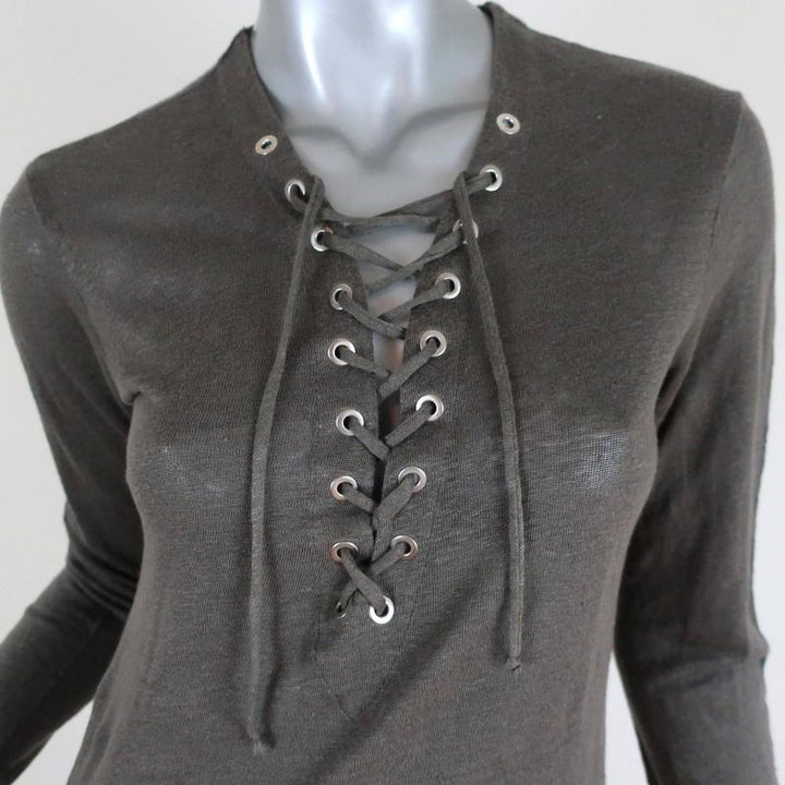 IRO Lace-Up Top Tissaspe Gray Linen Size Extra Small Long Sleeve Tee available at CelebrityOwned.com img_2
