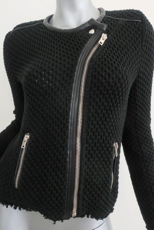 IRO Miali Jacket Black Leather-Trim Cotton Chunky Knit Size 2 Moto Jacket available at CelebrityOwned.com img_3