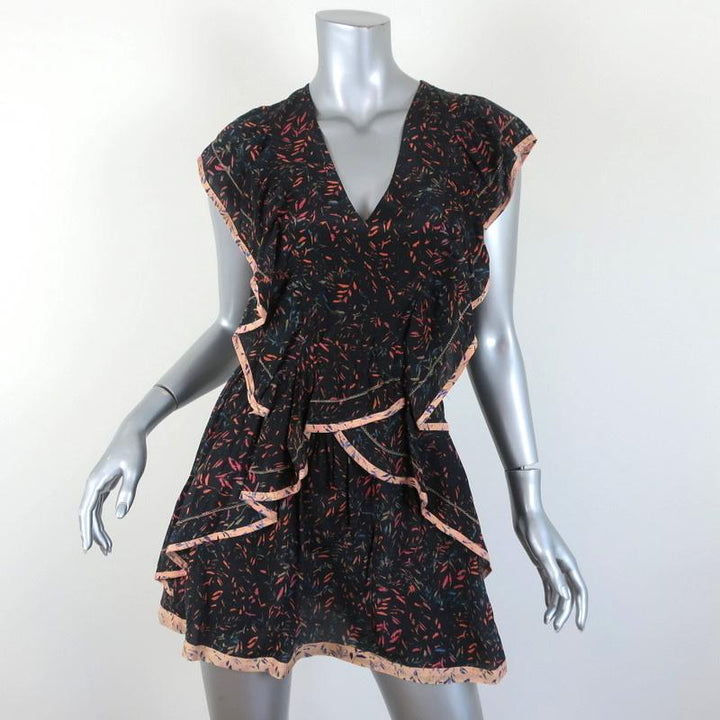 IRO Mini Dress Jicka Black Ruffled Printed Silk Size 34 Cap Sleeve V-Neck available at CelebrityOwned.com img_1