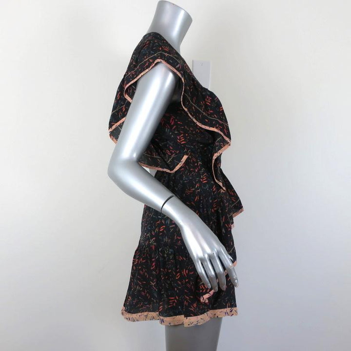 IRO Mini Dress Jicka Black Ruffled Printed Silk Size 34 Cap Sleeve V-Neck available at CelebrityOwned.com img_4