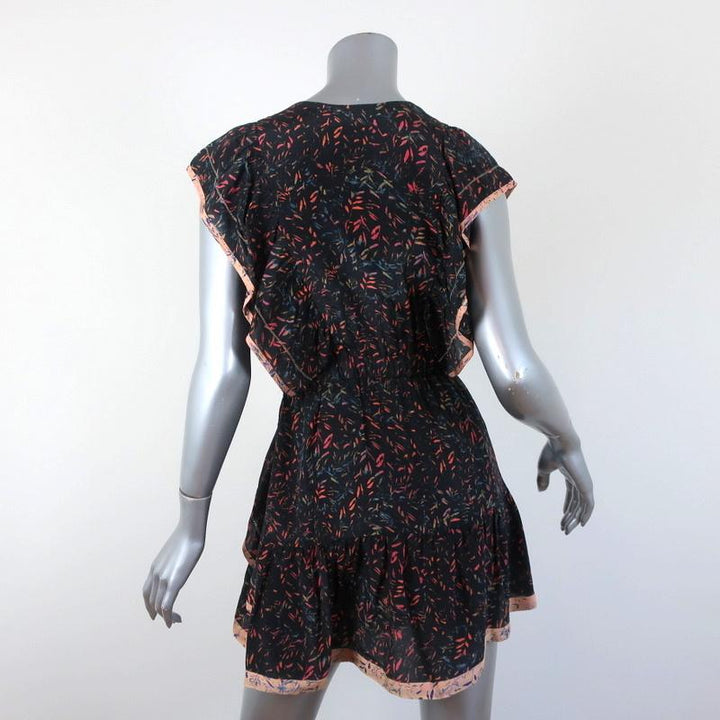 IRO Mini Dress Jicka Black Ruffled Printed Silk Size 34 Cap Sleeve V-Neck available at CelebrityOwned.com img_5