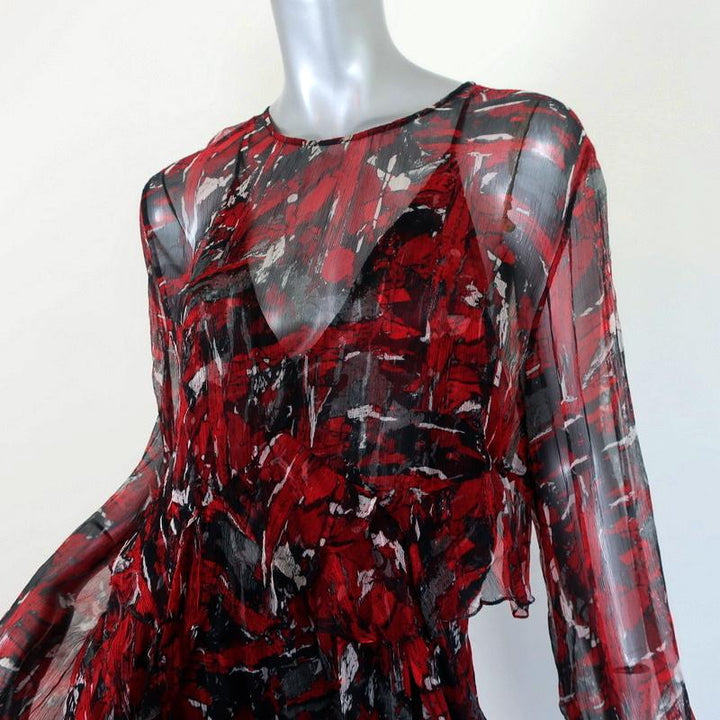 IRO Mini Dress Ressey Black/Red Printed Ruffled Chiffon Size 40 Long Sleeve available at CelebrityOwned.com img_3