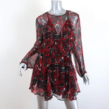 IRO Mini Dress Ressey Red/Black Ruffled Printed Chiffon Size 34 Long Sleeve available at CelebrityOwned.com img_1