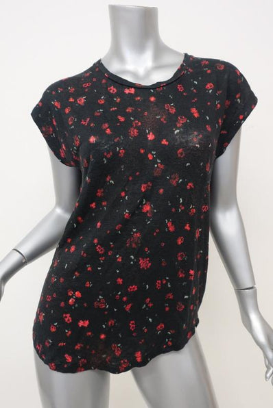 IRO Tee Fusia Black/Red Floral Print Linen Size Medium Cap Sleeve Top available at CelebrityOwned.com img_1