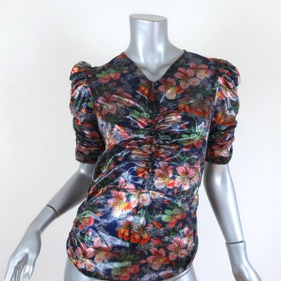 Isabel Marant Blouse Navy/Multi Ruched Floral Print Lame Size 36 V-Neck Top available at CelebrityOwned.com img_1