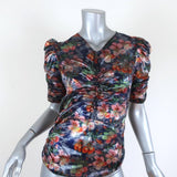 Isabel Marant Blouse Navy/Multi Ruched Floral Print Lame Size 36 V-Neck Top available at CelebrityOwned.com img_1