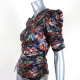Isabel Marant Blouse Navy/Multi Ruched Floral Print Lame Size 36 V-Neck Top available at CelebrityOwned.com img_3