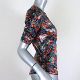 Isabel Marant Blouse Navy/Multi Ruched Floral Print Lame Size 36 V-Neck Top available at CelebrityOwned.com img_4