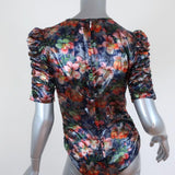 Isabel Marant Blouse Navy/Multi Ruched Floral Print Lame Size 36 V-Neck Top available at CelebrityOwned.com img_5