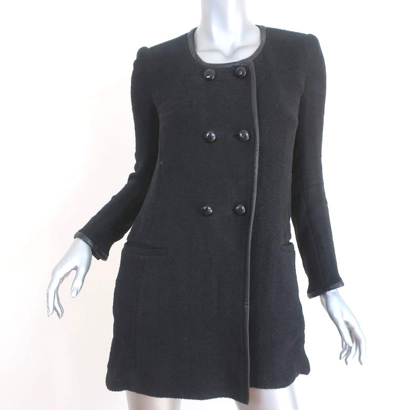 Isabel Marant Double Breasted Jacket Black Leather-Trim Herringbone Size 38 available at CelebrityOwned.com img_1