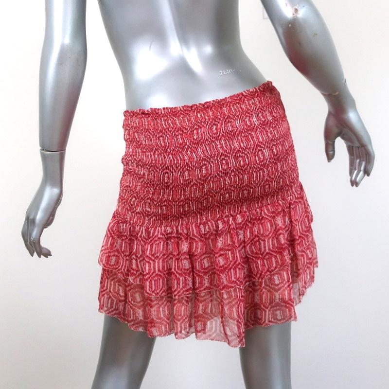 Isabel Marant Etoile Mini Skirt Zelia Red Smocked Printed Silk Chiffon Size 42 available at CelebrityOwned.com img_4