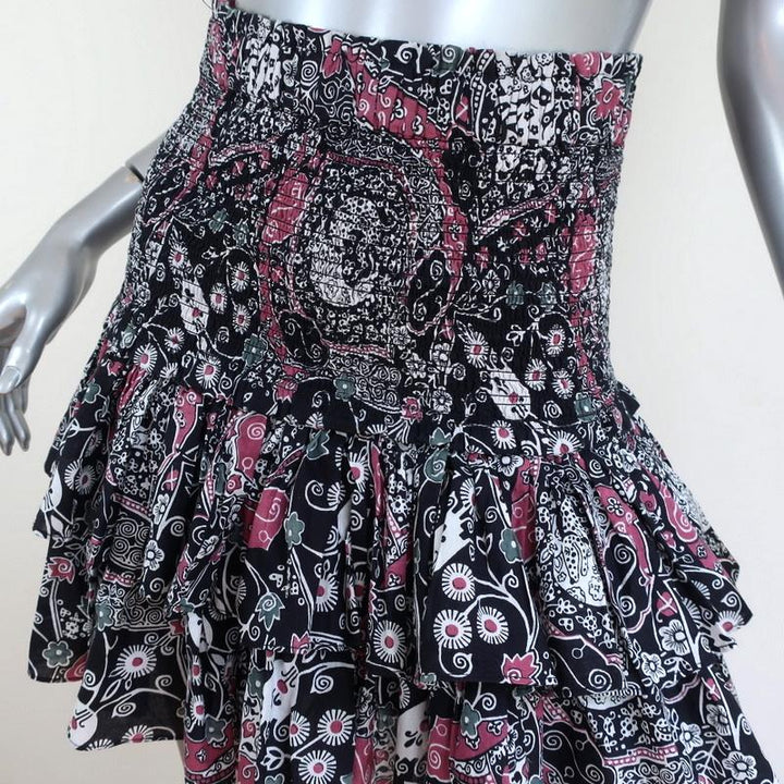 Isabel Marant Etoile Tiered Mini Skirt Naomi Black/Multi Printed Cotton Size 38 available at CelebrityOwned.com img_2