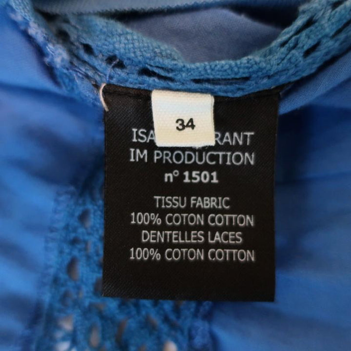 Isabel Marant Etoile Top Duffy Blue Crochet-Trim Cotton Size 34 Side-Tie Blouse available at CelebrityOwned.com img_7