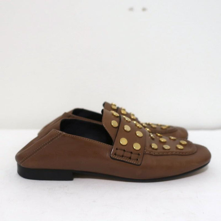 Isabel Marant Feenie Convertible Loafers Brown Studded Leather Flats Size 36 available at CelebrityOwned.com img_3