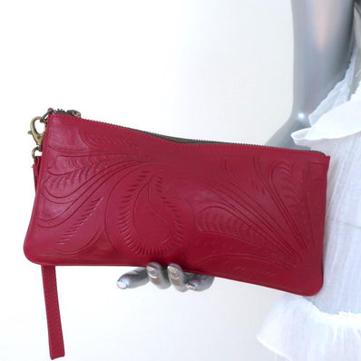 JL Saldivar Wristlet Clutch Raspberry Hand-Tooled Leather available at CelebrityOwned.com img_1