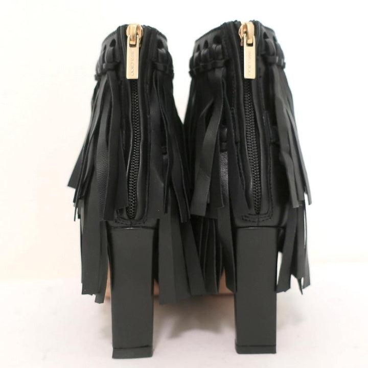 Jimmy Choo Fringe Booties Mala Black Leather Size 35 High Heel Ankle Boots available at CelebrityOwned.com img_7