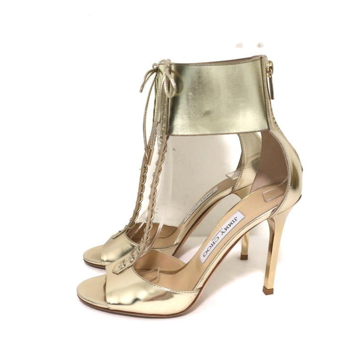 Jimmy Choo Lace-Up Ankle Cuff Sandal Gold Metallic Leather Size 37 Open Toe Heel available at CelebrityOwned.com img_5
