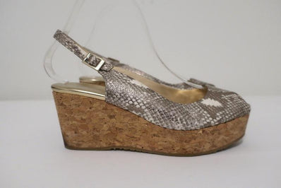 Jimmy Choo Praise Cork Wedge Sandals Metallic Snake-Print Leather Size 38.5 available at CelebrityOwned.com img_1