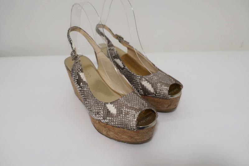 Jimmy Choo Praise Cork Wedge Sandals Metallic Snake-Print Leather Size 38.5 available at CelebrityOwned.com img_2