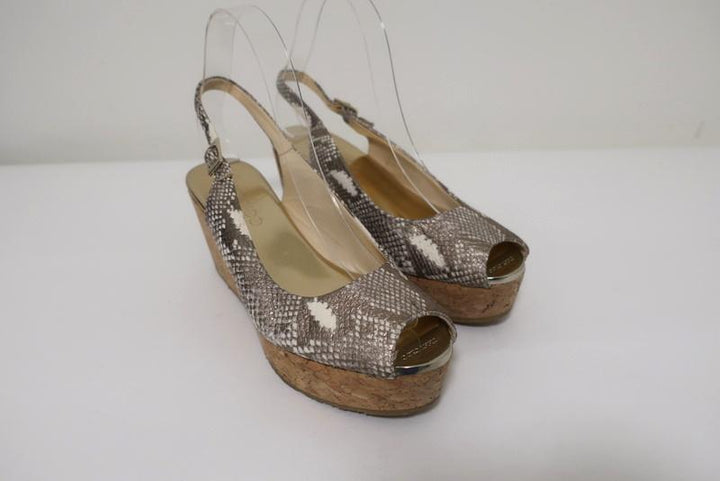 Jimmy Choo Praise Cork Wedge Sandals Metallic Snake-Print Leather Size 38.5 available at CelebrityOwned.com img_2