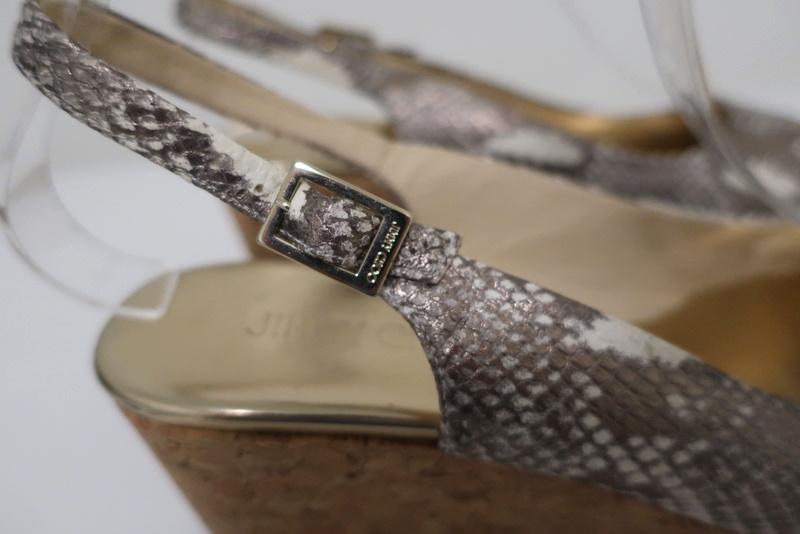 Jimmy Choo Praise Cork Wedge Sandals Metallic Snake-Print Leather Size 38.5 available at CelebrityOwned.com img_3