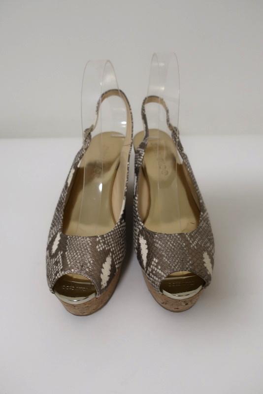 Jimmy Choo Praise Cork Wedge Sandals Metallic Snake-Print Leather Size 38.5 available at CelebrityOwned.com img_4