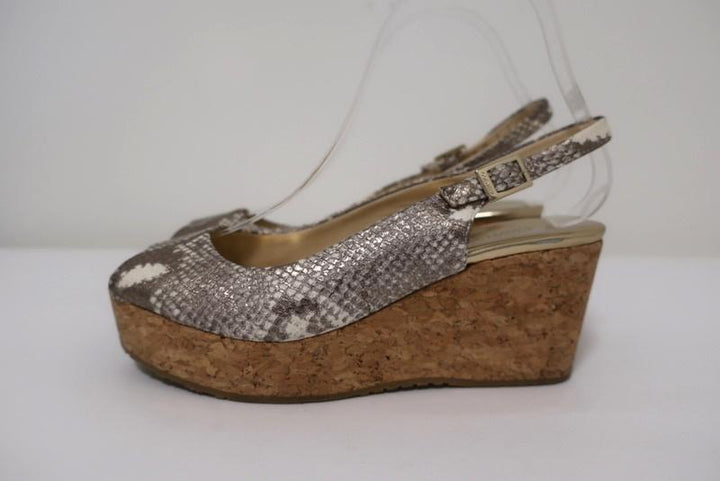 Jimmy Choo Praise Cork Wedge Sandals Metallic Snake-Print Leather Size 38.5 available at CelebrityOwned.com img_6