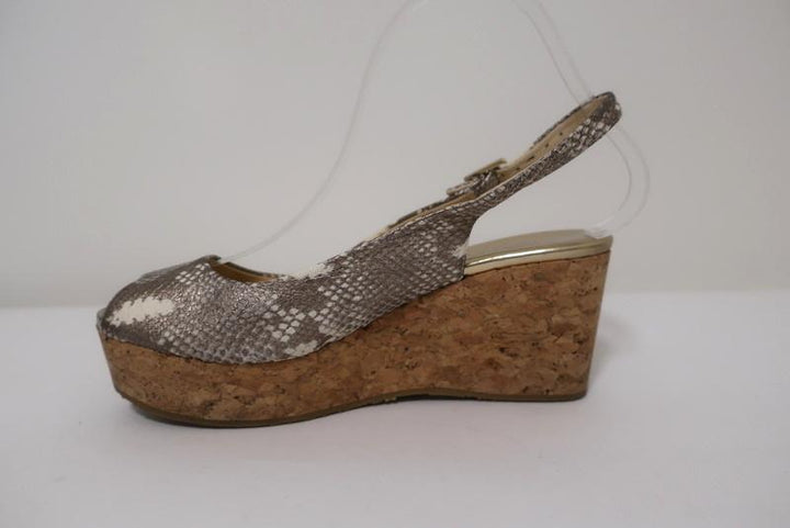 Jimmy Choo Praise Cork Wedge Sandals Metallic Snake-Print Leather Size 38.5 available at CelebrityOwned.com img_7