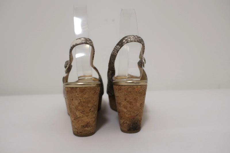 Jimmy Choo Praise Cork Wedge Sandals Metallic Snake-Print Leather Size 38.5 available at CelebrityOwned.com img_8