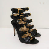 Jimmy Choo Trick Buckle Sandals Black Leather Size 37.5 Open Toe High Heel available at CelebrityOwned.com img_1