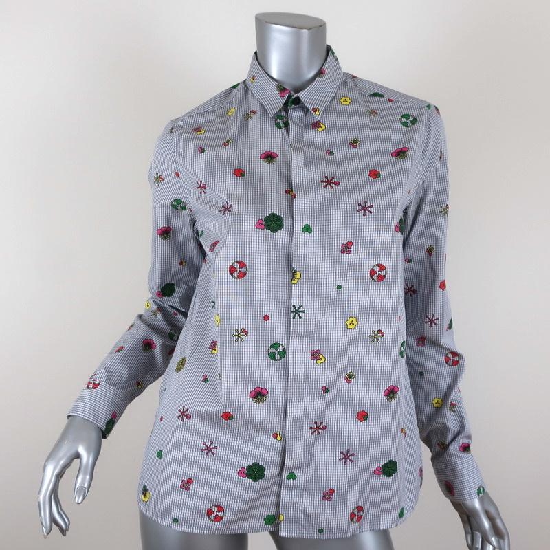 KENZO Button Down Shirt Printed White/Gray Checked Cotton Size Small available at CelebrityOwned.com img_1