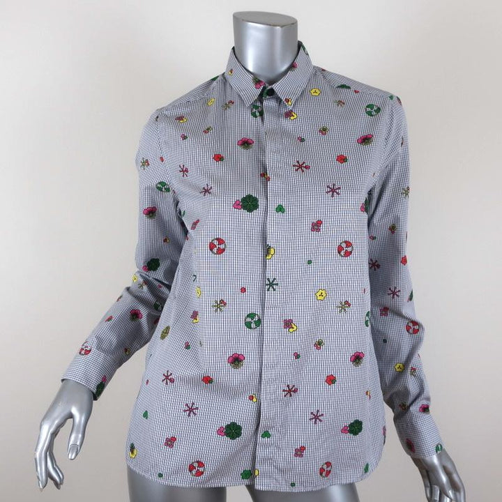 KENZO Button Down Shirt Printed White/Gray Checked Cotton Size Small available at CelebrityOwned.com img_1