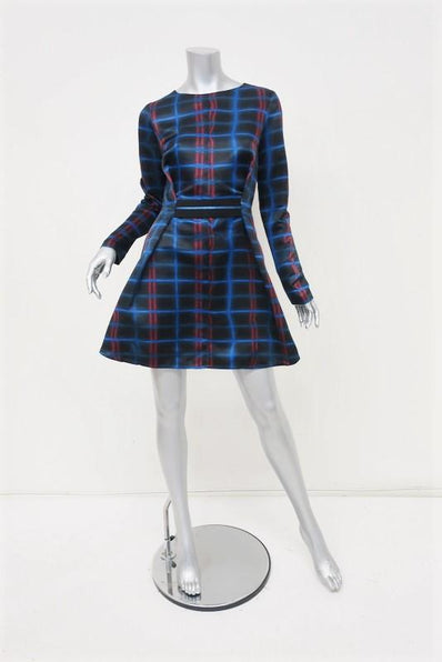 Kenzo Neon Plaid Dress Black/Blue Double Twill Size 38 Long Sleeve Mini available at CelebrityOwned.com img_1