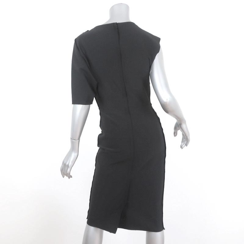 Lanvin Asymmetric Sleeve Dress Black Stretch Wool Size 36 available at CelebrityOwned.com img_5