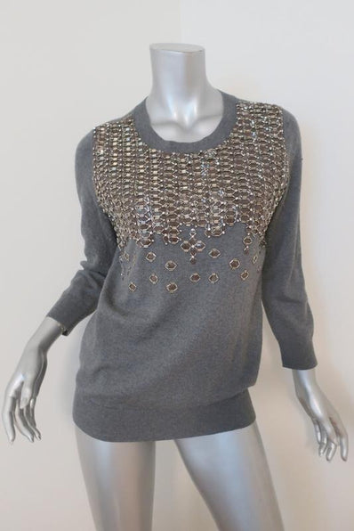 Lela Rose Sweater Gray Beaded & Crystal-Embellished Wool Pullover Size Large available at CelebrityOwned.com img_1