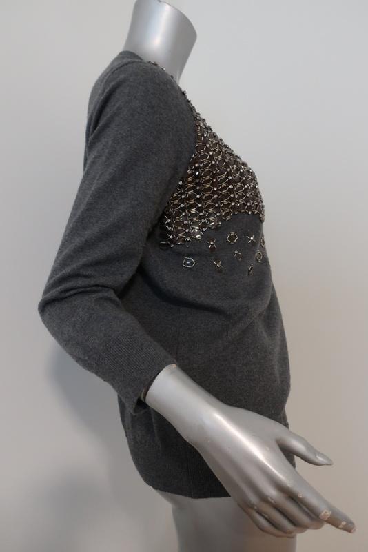 Lela Rose Sweater Gray Beaded &amp; Crystal-Embellished Wool Pullover Size Large available at CelebrityOwned.com img_2
