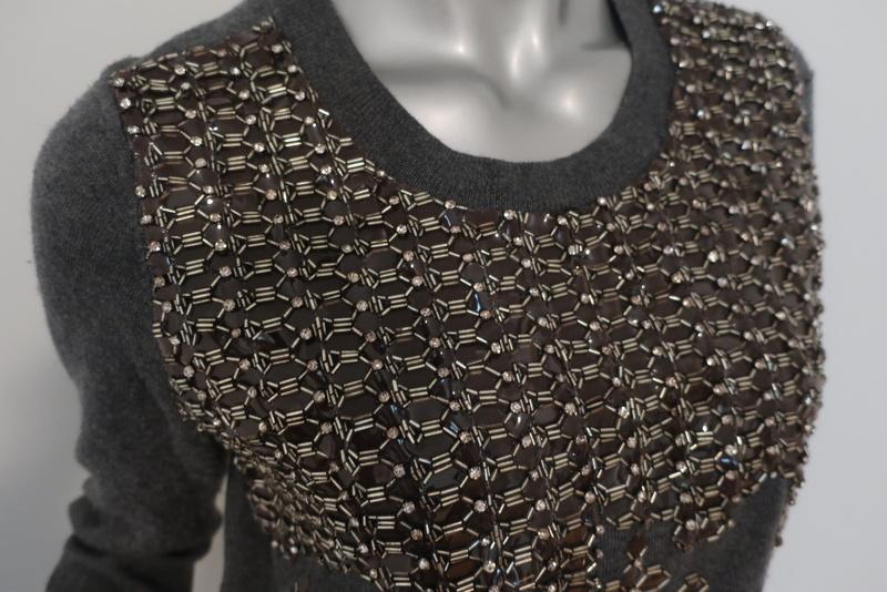 Lela Rose Sweater Gray Beaded &amp; Crystal-Embellished Wool Pullover Size Large available at CelebrityOwned.com img_3