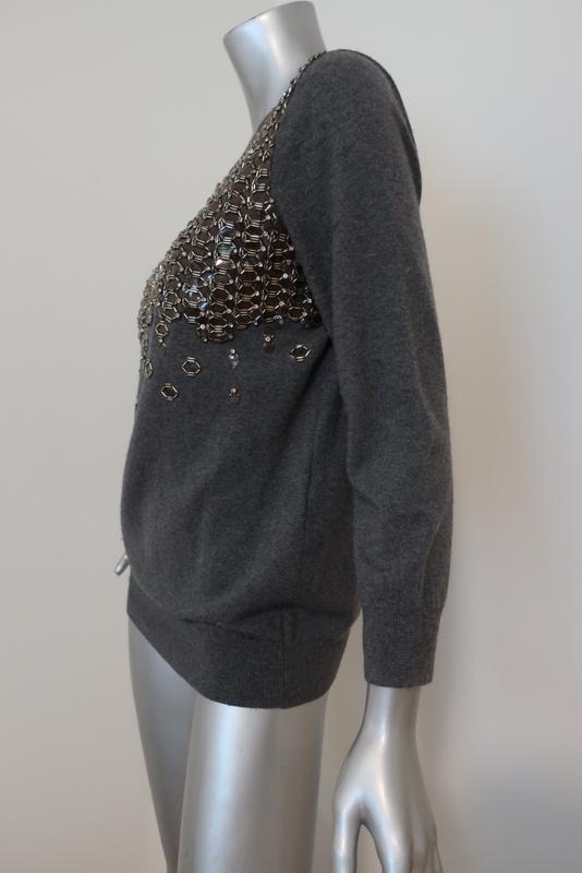 Lela Rose Sweater Gray Beaded &amp; Crystal-Embellished Wool Pullover Size Large available at CelebrityOwned.com img_5
