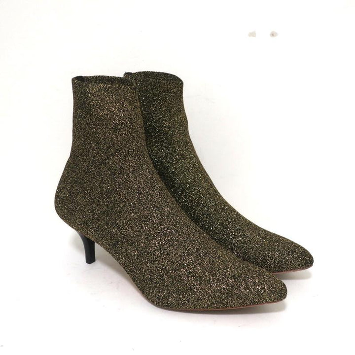 Loeffler Randall Ankle Boots Kassidy Gold Stretch Knit Size 8 Low Heel Booties available at CelebrityOwned.com img_2