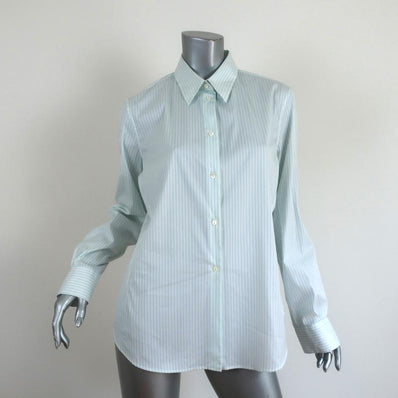 Loro Piana Button Down Shirt Cream/Blue Striped Size 48 Long Sleeve Blouse NEW available at CelebrityOwned.com img_1