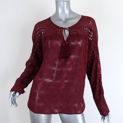 Love Sam Anthropologie Tassel Top Burgundy Embroidered Viscose Blouse Size Small available at CelebrityOwned.com img_1