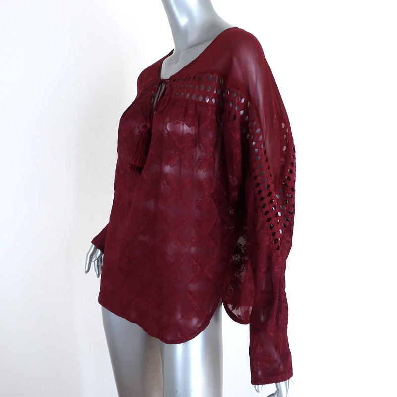 Love Sam Anthropologie Tassel Top Burgundy Embroidered Viscose Blouse Size Small available at CelebrityOwned.com img_3
